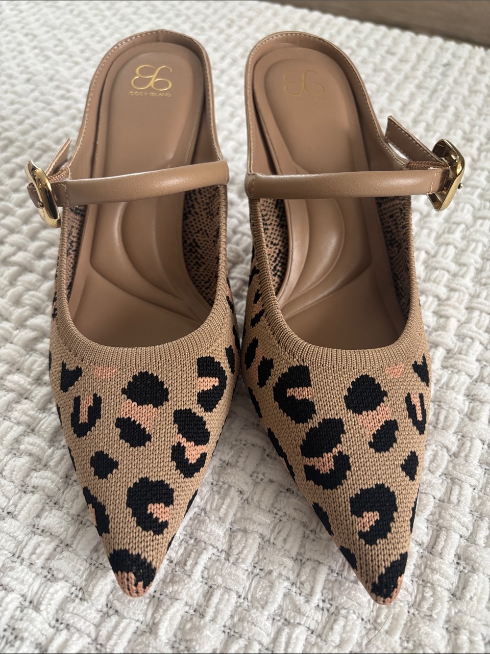 Leopard Knit Pointed Mary Jane Mules in Tan/Black